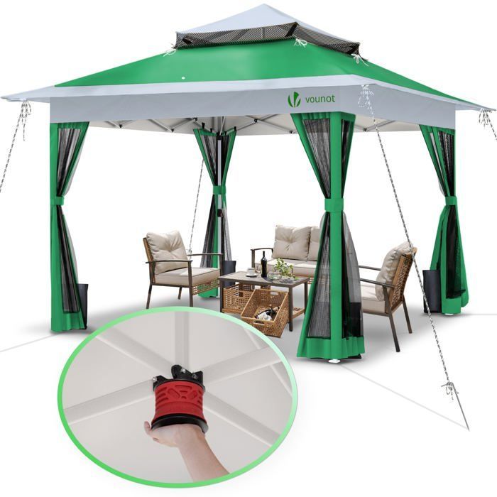 VOUNOT® Tonnelle de jardin 3,6x3,6m pliable installation facile POP UP avec moustiquaire vert