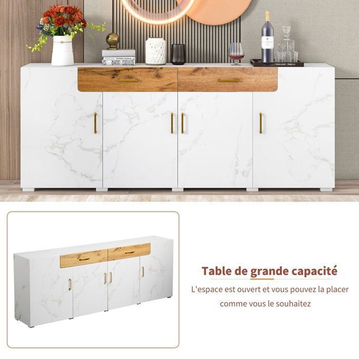 Aparador moderno branco - Aparador grande com 4 portas e 2 gavetas - Móvel de arrumação - 208 x 39,5 x 80 cm