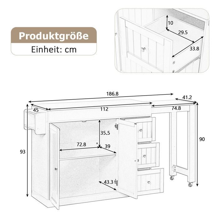 Extendable kitchen island on casters 112-186×45×93 cm Dining table with worktop, 2 doors, 3 drawers - white