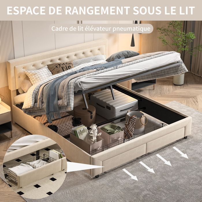 Storage bed - BLANKETSWARM - 180x200 - Beige velvet - 2 drawers - Modern Scandinavian style