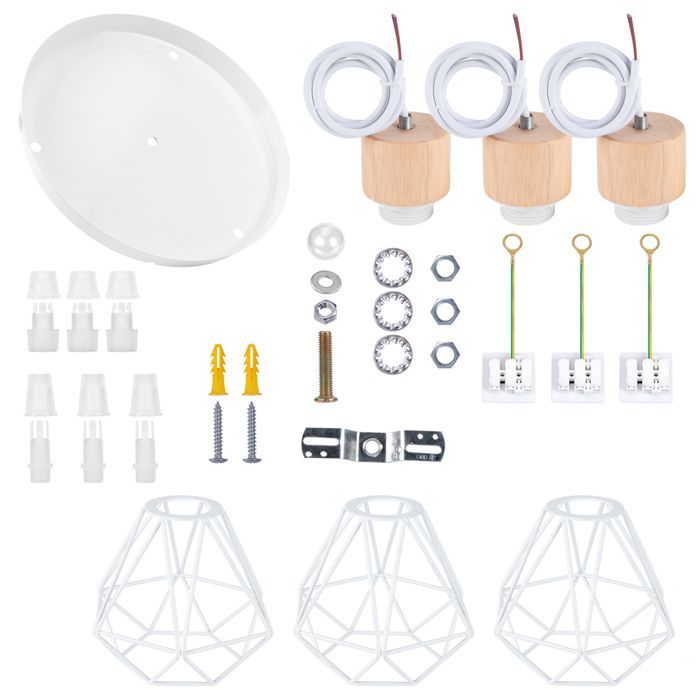 SNOGOLD Vintage hanglamp met 3 lampen (E27 fitting) van metaal en hout, geschikt voor woonkamer en slaapkamer, wit