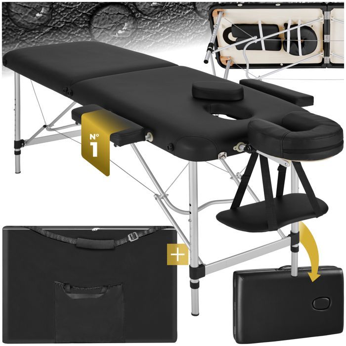 Camilla de tratamiento - TECTAKE - Camilla de masaje plegable portátil de 2 secciones con cubierta de aluminio resistente para una comodidad óptima - Negra