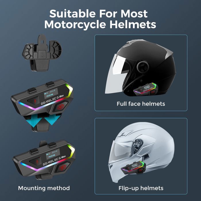 Kit de intercomunicación para motocicleta GEARELEC, walkie-talkie inalámbrico Bluetooth para casco de motocicleta, alcance de 2000 m, capacidad para 6 personas, BT 5.2, pantalla inteligente, resistencia al agua IPX67.