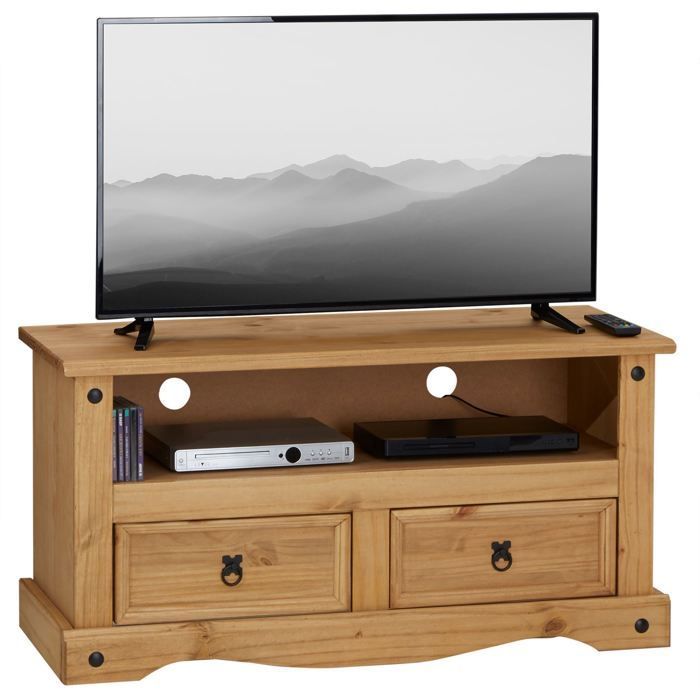 Mueble para TV SALSA, banco de madera de estilo mexicano de 108 cm con 2 cajones y 1 nicho, fabricado en pino macizo con acabado teñido y encerado.
