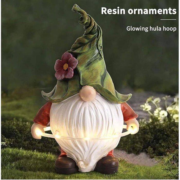 Estatua de gnomo de jardín de resina Odipie, figura de gnomo con forma adorable, figura de jardín exterior impermeable con luces LED.