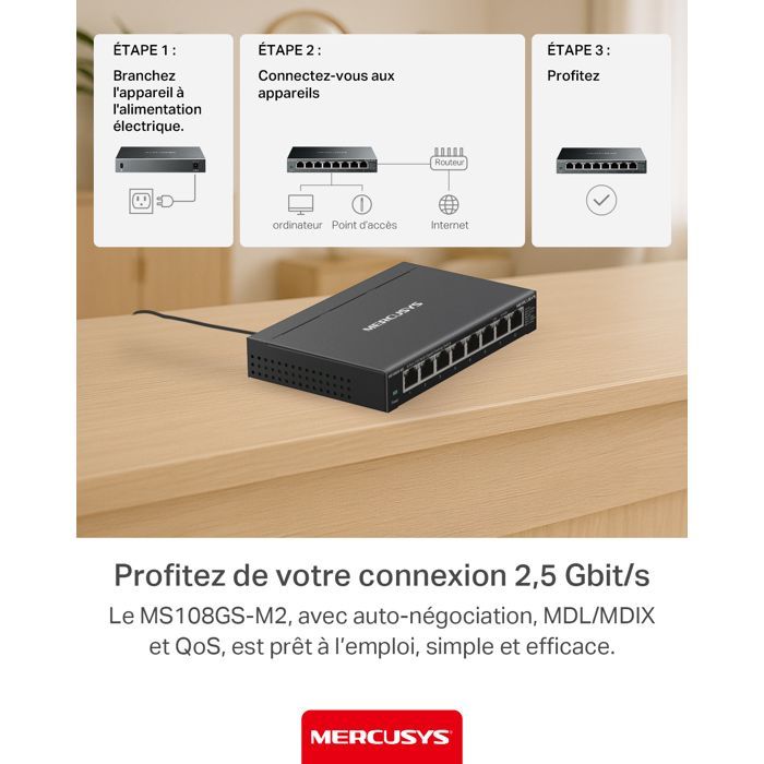Switch de bureau multi-Gigabit 2,5 G à 8 ports - Ethernet  - RJ45- Vidéo 4K - Mercusys MS108GS-M2