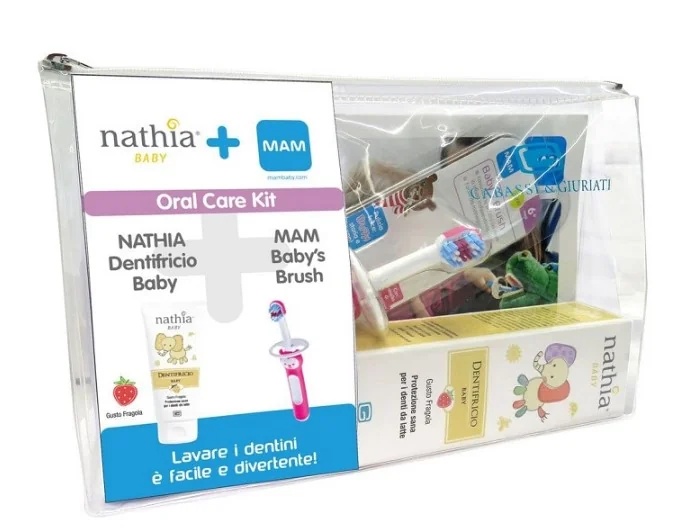 MAM Nathia Mondverzorgingsset: Neutrale tandpasta Nathia Baby Aardbei 50ml + MAM Baby Tandenborstel 6+ maanden groen