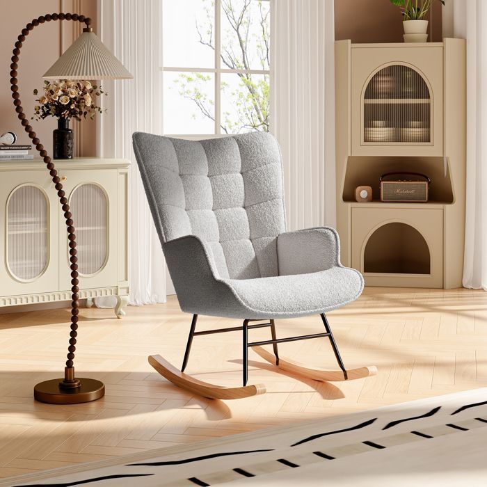 Fauteuil à bascule avec velours teddy,Rocking Chair,Fauteuil à bascule allaitement,bois massif et cadre en métal,Gris clair