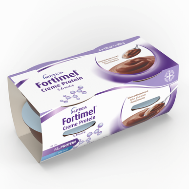 Fortimel-pakkaus kermaproteiini-suklaavalmiste, korkea energia- ja proteiinipitoisuus, 4 x 125 g, 4 x 125 g