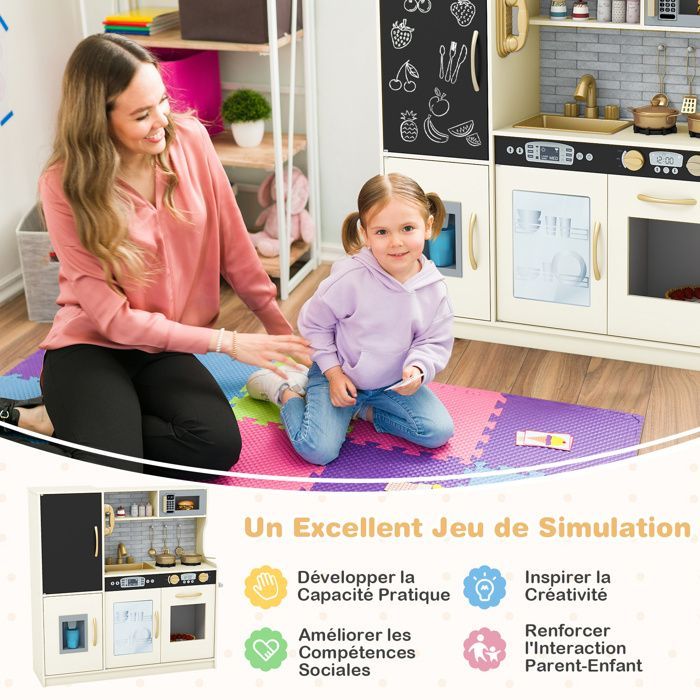Cocina de juguete de madera COSTWAY para niños de 3 a 6 años con teléfono, pizarra, microondas, máquina de hielo y 7 accesorios - Beige
