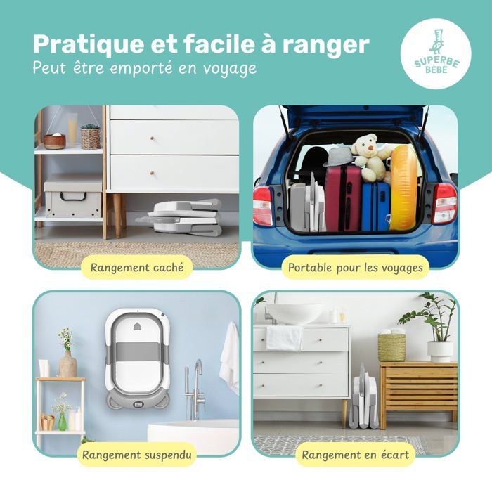 Baignoire bébé pliable - Thermomètre et coussin inclus - BEAR - Grey | SUPERBE BEBE
