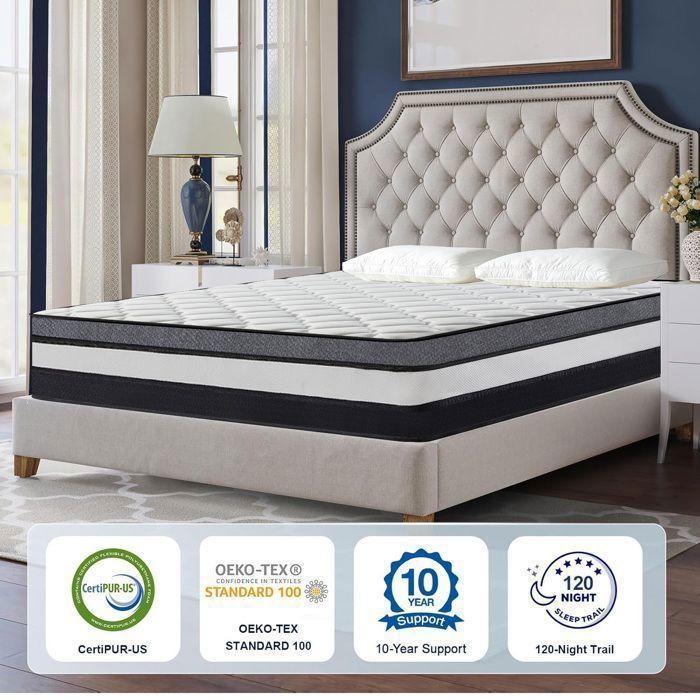 Colchón Premium de 140x200 cm, 30 cm de grosor, látex, espuma híbrida y muelles ensacados, firmeza media, 9 zonas ergonómicas, transpirable.