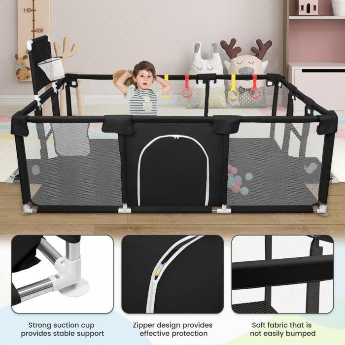 Children's Playpen - MENGDA - With corner protection, 4 pull rings, 4 suction cups, 50 balls - Disassembles and Washes - Black