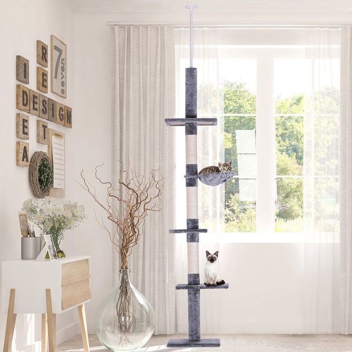 PawHut krabpaal voor katten, vloer tot plafond, 40 cm L x 34 cm B x 230-260 cm H, 5 activiteitsniveaus, grijs