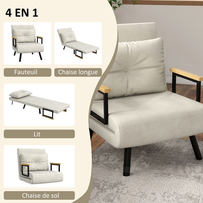 Sillón convertible 4 en 1 HOMCOM, que se transforma en sofá cama individual, con respaldo ajustable, reposabrazos y cojín de madera, tapizado en tela efecto terciopelo color crema.