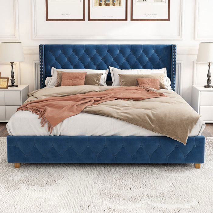 Cama doble para adultos - TKOPY - Cama tapizada de 160x200 cm, con somier de láminas, terciopelo azul.
