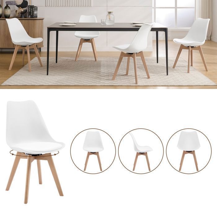 Set di 2 sedie girevoli WOLTU - Sedie da pranzo scandinave - Seduta imbottita in PU - Gambe in legno massello - Bianco