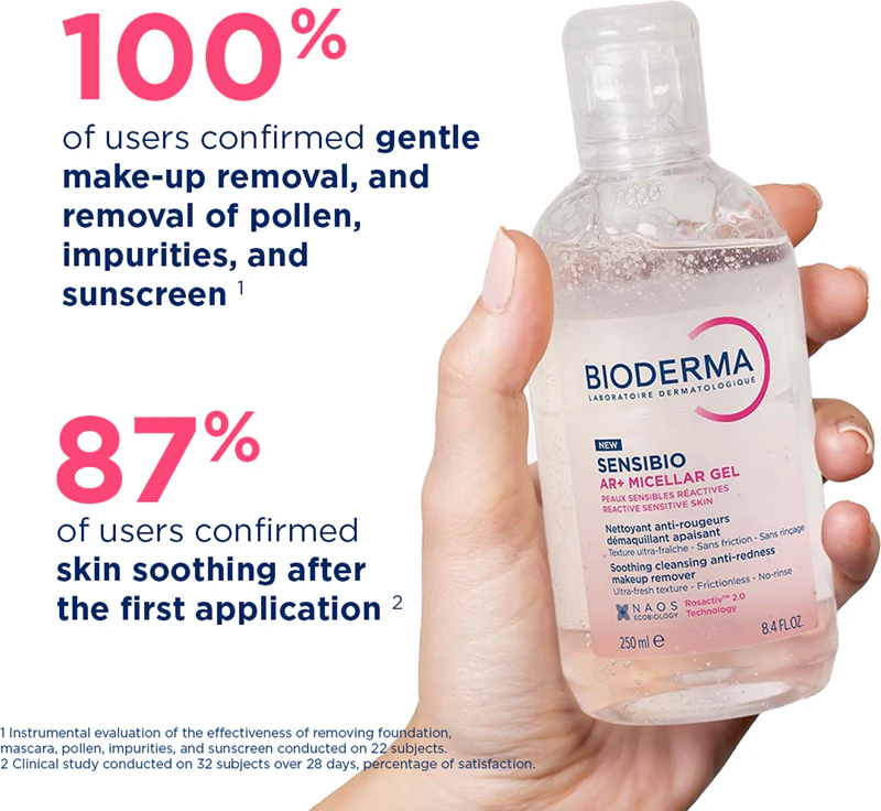 Gel de limpeza micelar Bioderma Sensibio AR+ para pele sensível com tendência a manchas.