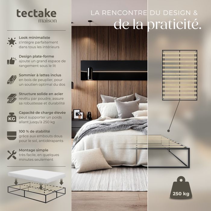 Lit - TECTAKE -  Cadre de lit en acier KYOTO avec sommier à lattes en bois de peuplier - 200 x 140 x 25,5 cm