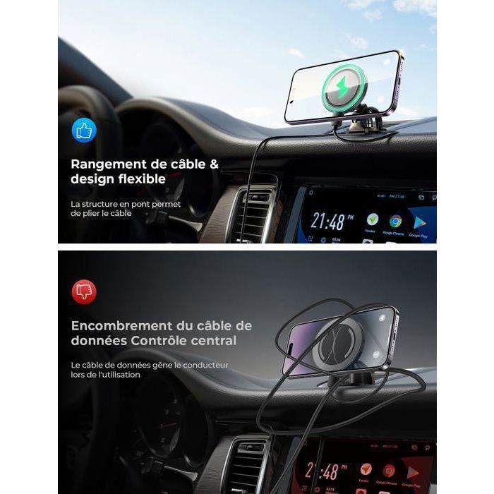15W Support Telephone Voiture Induction, Chargeur Voiture Rotation à 360°/Puce Intelligente pour iPhone 15 14 13 Pro max Samsung