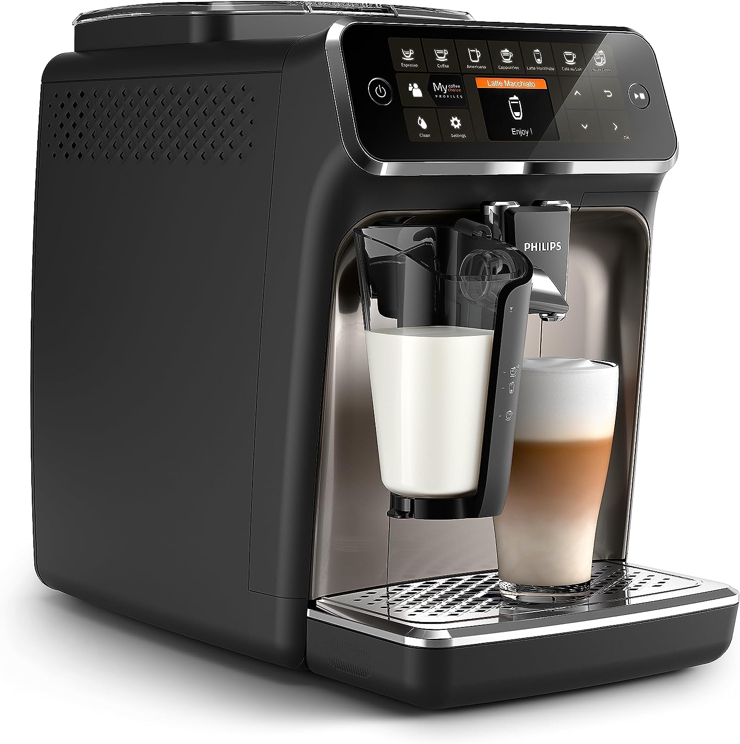 PHILIPS 4300 Serie Volautomatische Espressomachine - LatteGo Melkschuimer, 8 Koffiesoorten, Intuïtief Touchscreen, Zwart, (EP4347/94)