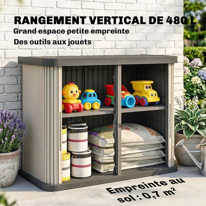 Caja de almacenamiento exterior Outsunny - 2 niveles con puertas correderas, resistente a los rayos UV - PP - 480 L - marrón claro