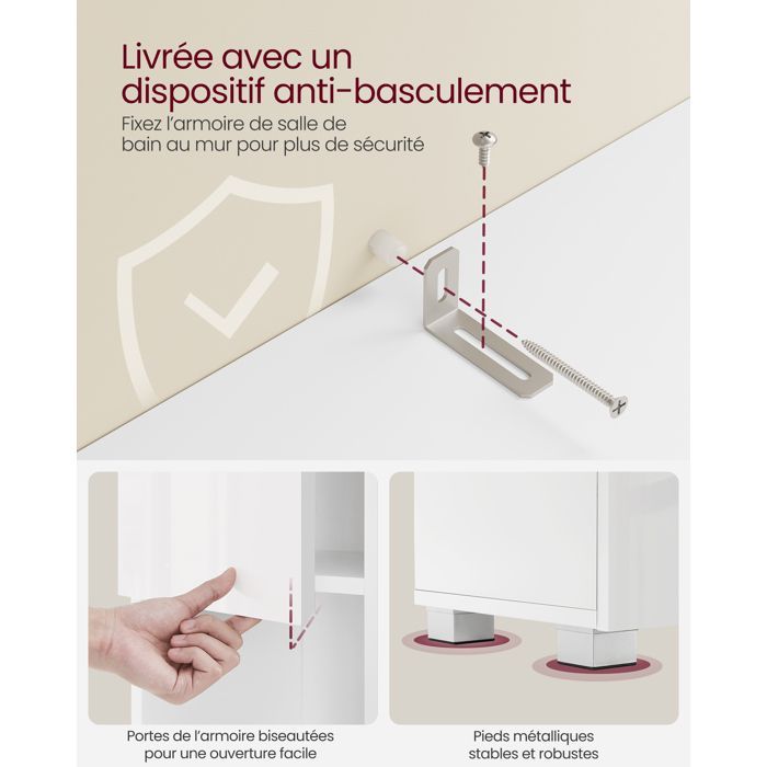VASAGLE Badkamerkast, kolommodel, met lade, verstelbare planken, vakken, 30 x 30 x 170 cm, wit