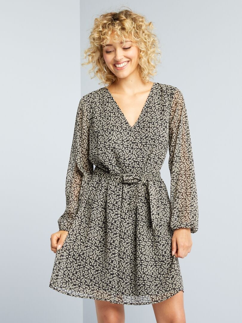 Vestido estampado con cinturón de lazo - Negro