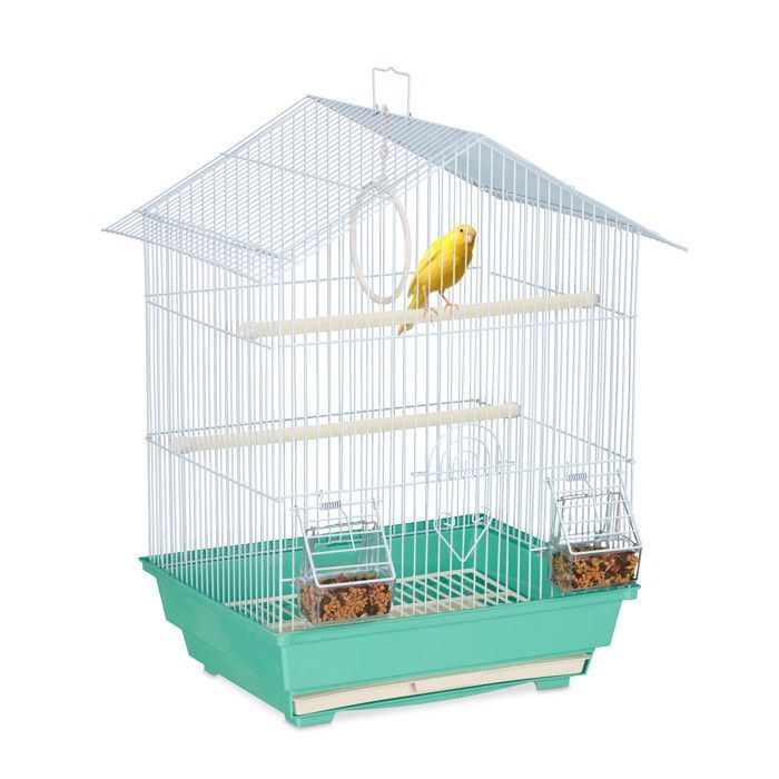 Relaxdays Cage à oiseaux, métal, pour de petits canaris, perchoirs & mangeoires, 49 x 39,5 x 32 cm, bleu clair/menthe