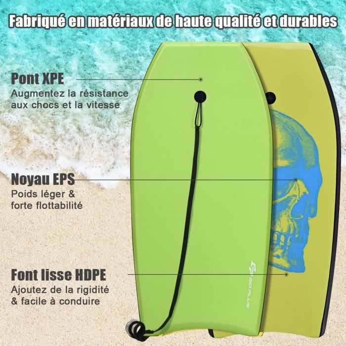 GYMAX Heavy-Duty Surfboard made of XPE & HDPE, 105×51×6CM, 85KG Load Capacity, with 90CM Strap, Exquisite Skull Design, Green