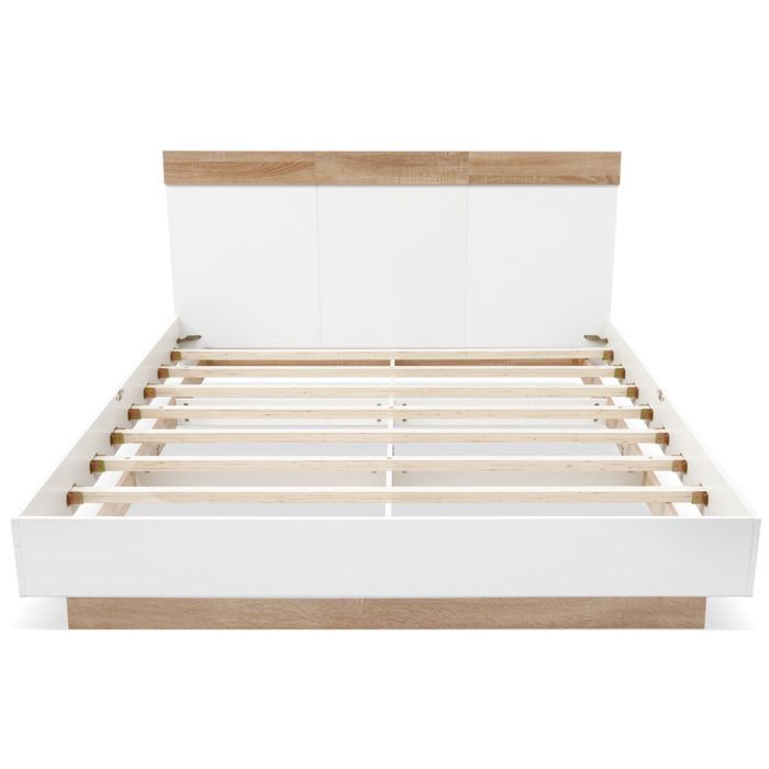 Lit Double 180x200 cm - en Bois Blanc et Chêne - avec Sommier à Lattes - Lit Design Flottant Moderne - sans Matelas