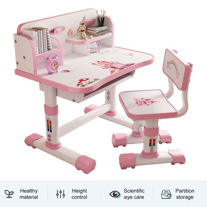 Escritorio infantil con silla, 101 cm de largo x 76 cm de ancho x 49 cm de alto, rosa, PP, edades de 3 a 18 años, altura regulable.