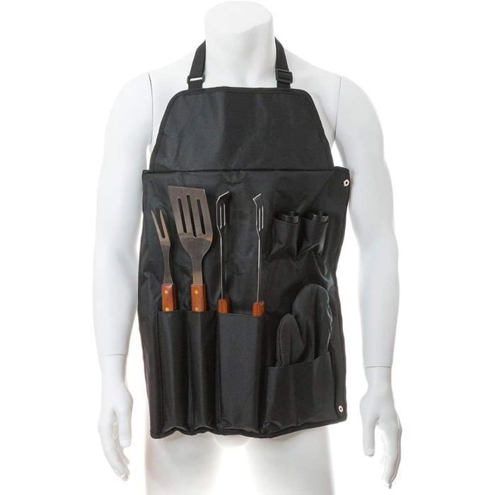 Tablier avec accessoires barbecue. Ensemble de 7 ustensiles de barbecue: tablier et gant matelassé en nylon