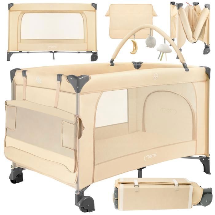 MoMi BELOVE PLUS - Vauvan matkasänky patjalla, leikkikaari, hoitopöytä + reppu - 2 nukkumatasoa - 15 kg - Beige