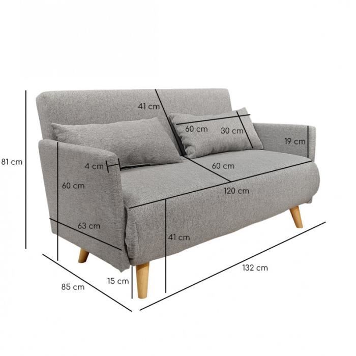 Divano letto trasformabile a 2 posti in tessuto grigio chiaro con gambe in legno - JUDY