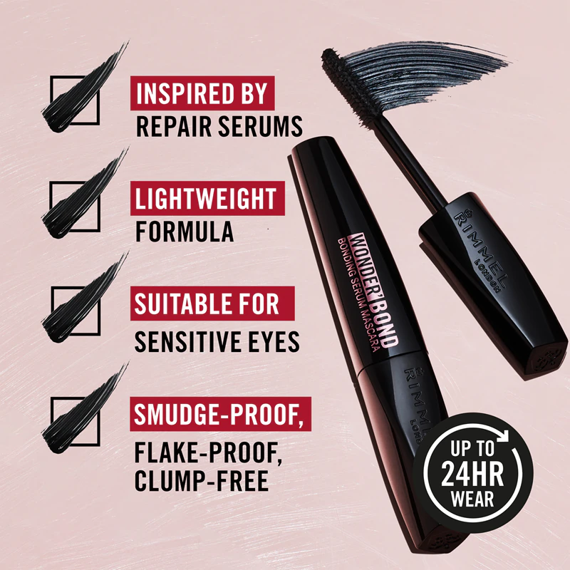 Máscara para cílios Rimmel Wonder'Bond para engrossar e alongar os cílios.