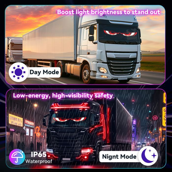 Ojos de diablo de 2 piezas para coches, ojos LED para camiones de 12 x 59,5 cm, pantalla suave, escritura luminosa programable, Bluetooth USB 5V