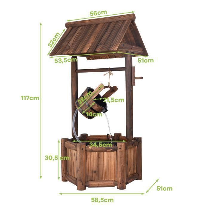 Fuente de jardín de madera para exteriores COSTWAY de 60x57x115 cm con bomba eléctrica, caudal de 300 L/h y cubo colgante con manguera transparente.