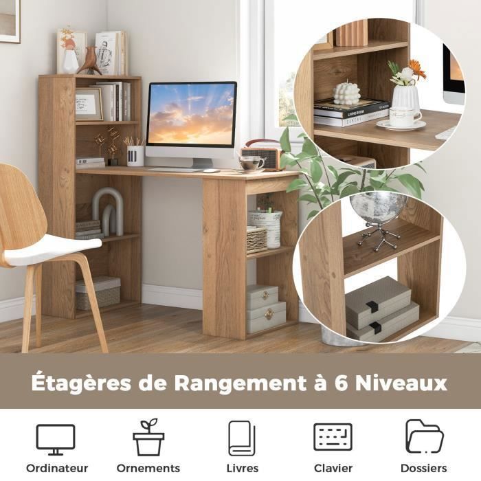 Escritorio para ordenador COSTWAY con estantería, mesa de ordenador de 75 cm de altura con 6 estantes de almacenamiento, color natural.