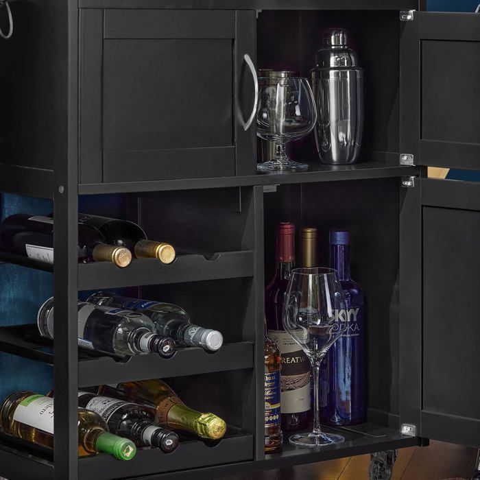 Carrito de cocina SoBuy de madera negra con ruedas, cajón, armarios y botellero, mueble de cocina de 67x38x86cm.