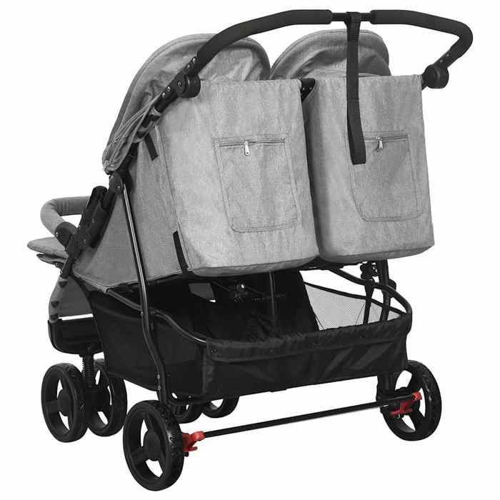 Poussette double - vidaXL - Gris clair - Acier - Pliable - Multi-positions