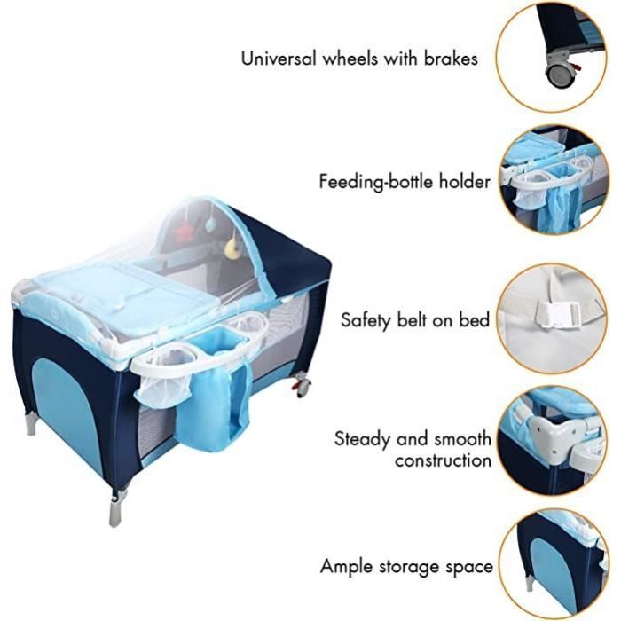 LIFEZEAL Lit Parapluie Bébé Pliant avec Matelas,Roulettes,Table à Langer,Sac de Rangement Moustiquaire 0-36 Mois Charge 15 KG Bleu