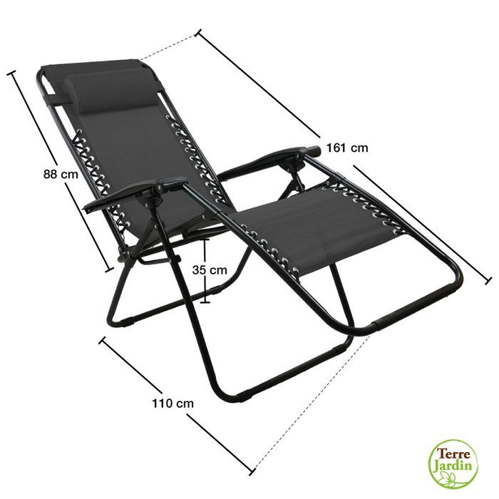 Fauteuil de jardin Transat Bain de soleil Pliable Inclinable avec accoudoirs et appui-tête  90 x 110 x 65,5 cm - Gris - Textilène