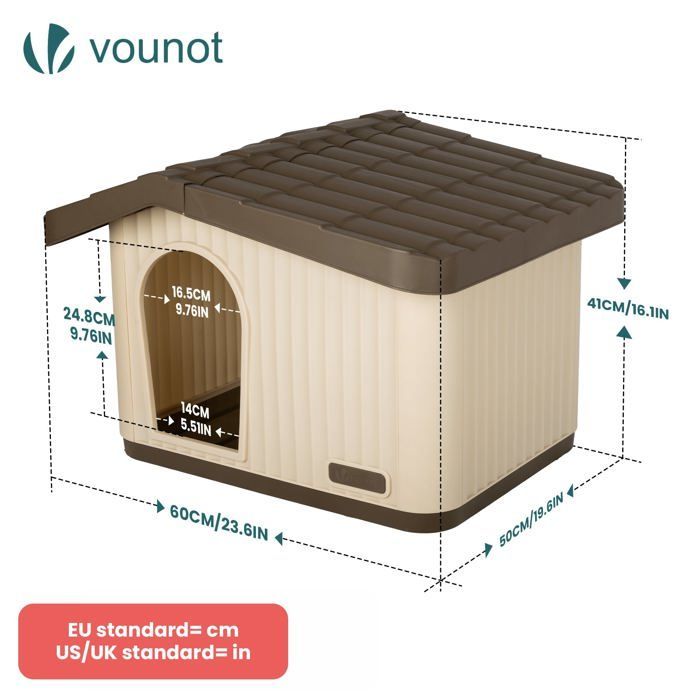 Caseta/perrera impermeable de plástico VOUNOT® para gatos y perros, 60x51x41cm - Techo inclinado desmontable - Apta para uso interior y exterior - Beige