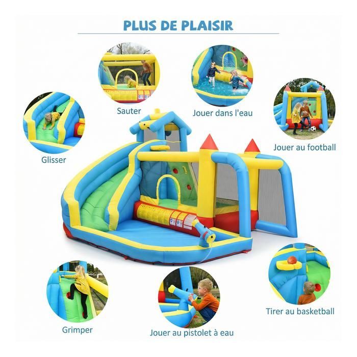 Château Gonflable 5 en 1 Enfants 3-10 Ans, Structure Gonflable avec Toboggan, Panier Basket, Aire Saut, 364×315×239 cm-Oxford Bleu