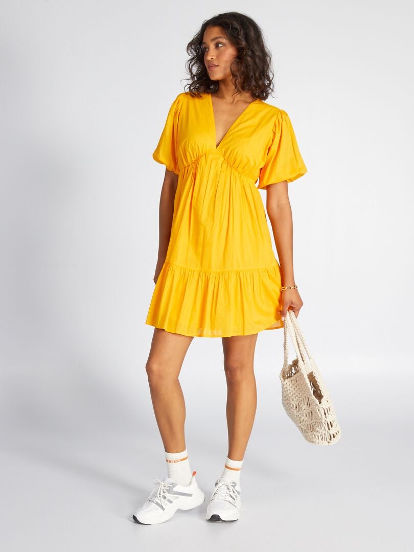 Vestido acampanado con volantes de voile de algodón - AMARILLO