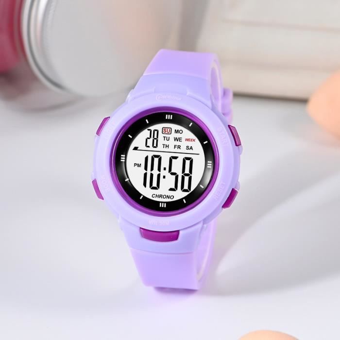 Reloj digital morado para niñas, resistente al agua hasta 3 ATM, con pantalla fluorescente sencilla y pantalla multifuncional.