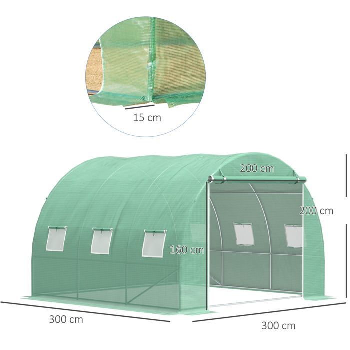 Invernadero tipo túnel Outsunny de 9 m² - con puerta enrollable y 6 ventanas de malla - fabricado en acero y PE - 3 x 3 x 2 m - verde