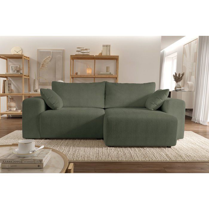 Sofá de canto conversível - 4 lugares - BOBO - Tecido verde - 244 x 138 x 86 cm