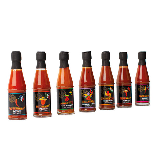 7 Frascos de Molho Picante Embalados em Caixa com Janela